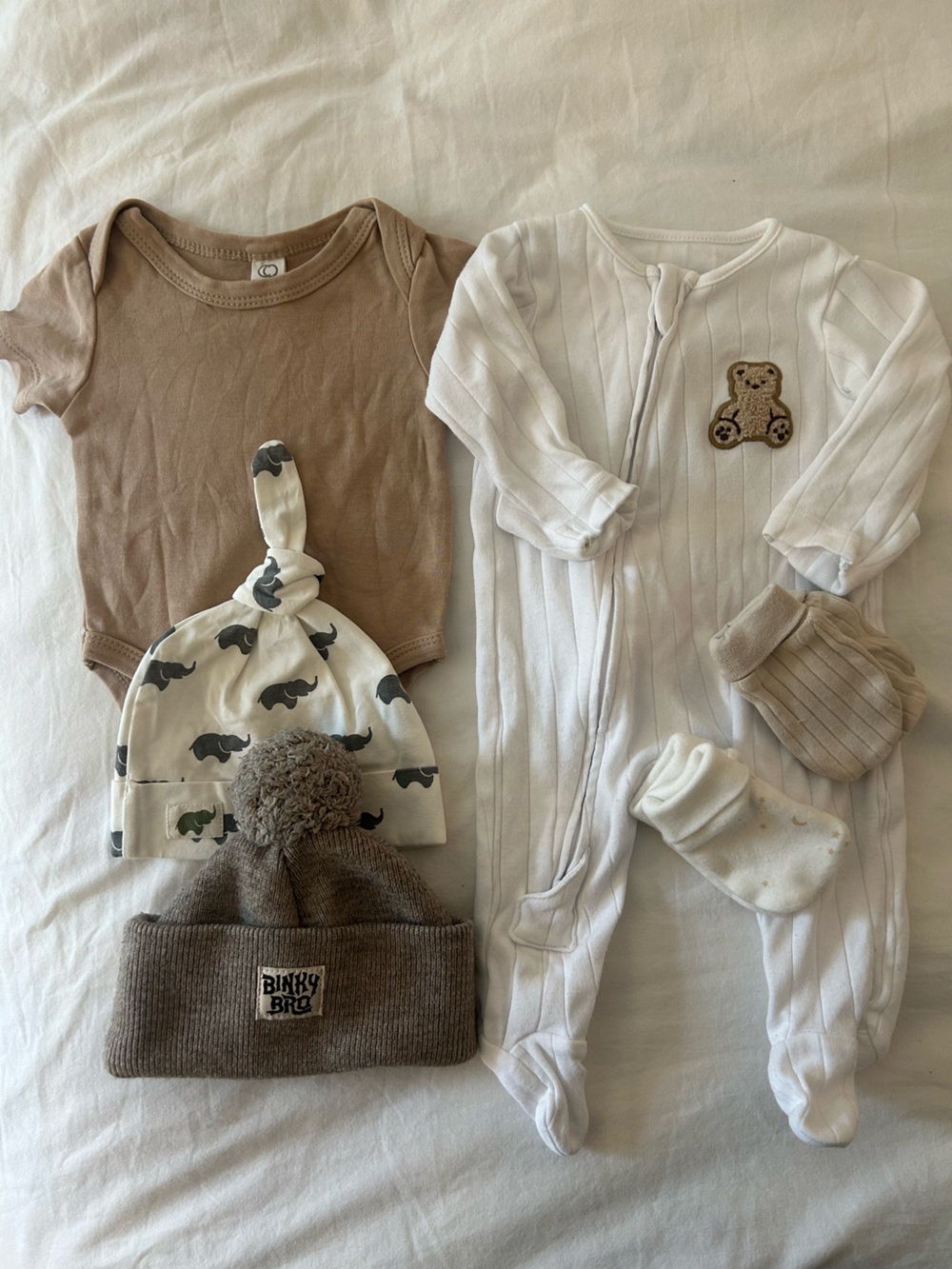 Bundle of Gender Neutral Newborn Clothes White and Tan Teddybear